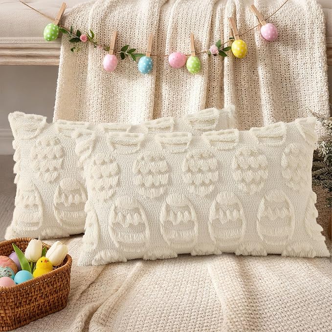 decorUhome Beige Faux Fur Egg Throw Pillow Covers 12x20 Set of 2 | Plush Soft Wool Jacquard Beige Cushion Covers, Modern Farmhouse Neutral Easter Holiday Decor Pillow Covers for Couch Sofa Bed