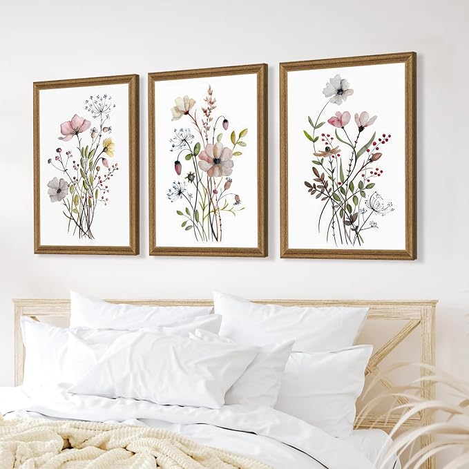 WRFON Framed Botanical Canvas Wall Art Set of 3, Watercolor Floral Prints, Framed Flower Wall Decor for Bedroom Bathroom Living Room, 20x30 Inch Each