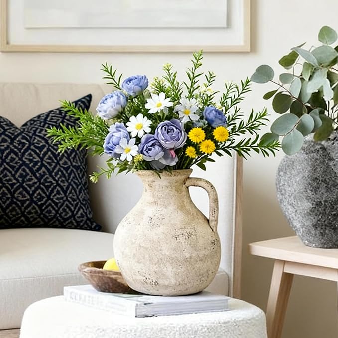 Ceramic Decorative Flower Vase 7.1 Inch Pottery Rustic Farmhouse Boho Terracotta Vase for Home Decor, Table, Living Room, Bathroom, Shelf, Mantel Decoration, Bronze
