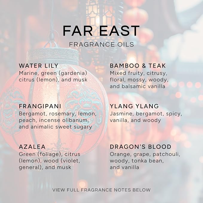 Eternal Essence Oils Far East Set of 6 Premium Fragrance Oils - Includes Water Lily, Bamboo & Teak, Frangipani, Azalea, Ylang Ylang and Dragon's Blood Scented Oils - 10ML