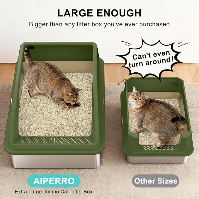 AIPERRO Stainless Steel Litter Box Extra Large for Big Cats and Multi-Cats | Jumbo Extra Large Metal Cat Box High Sided with Lid | Anti-Urine Leakage, Non-Stick & Easy to Clean | Include Litter Scoop