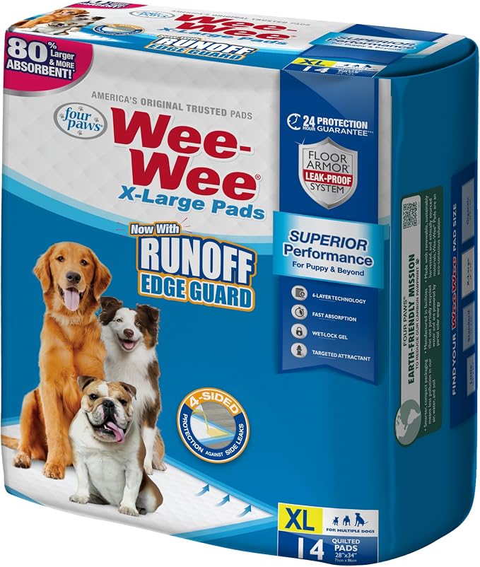 Four Paws Wee-Wee Superior Performance X-Large Dog Pee Pads, 14 Count | Puppy & dog potty training pads, housebreaking supplies, xl puppy pads, pet supplies, 24-hour floor protection, 28" x 34"