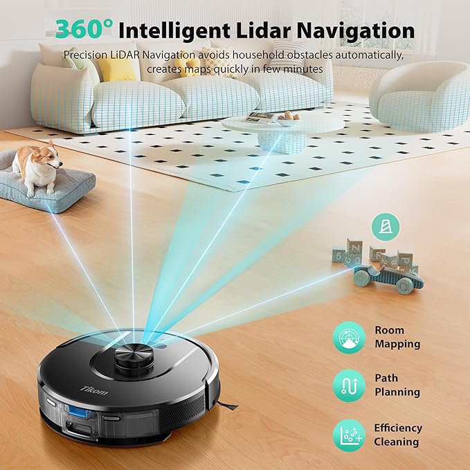 Tikom Robot Vacuum and Mop, Robotic Vacuum Cleaner with Self-Emptying Base | 6000Pa, 90 Days Capacity, LiDAR Navigation, Home Mapping, Ideal for Pet Hair, Hard Floors, Carpet (L8000 Plus)