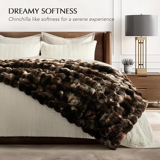 Faux Rabbit Fur Bubble Throw Blanket, 60"x80", Mocha Brown | Ultra Soft, Luxury Faux Rabbit Fur Throw, Thick Warm Bubble Blanket, Cozy Fluffy Reversible, for Bed, Couch, Chair, Sofa