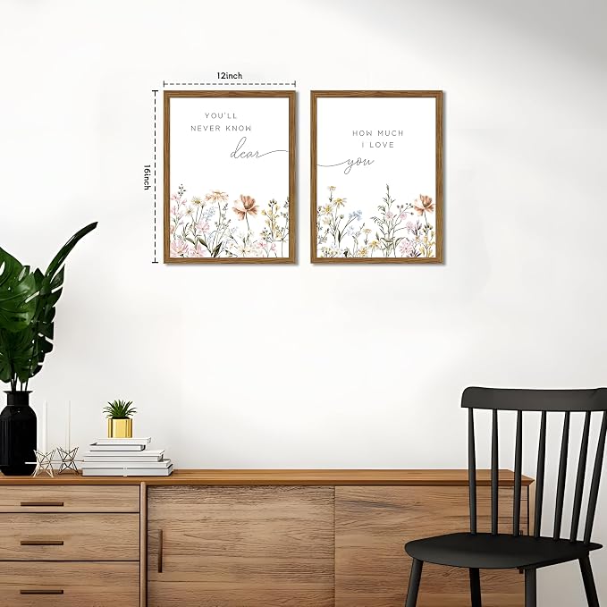 Wood Framed Wildflower Nursery Wall Art Set of 2, Boho Flower Botanical Wall Decor Paintings, Baby Girl Nurseries Pictures Posters Prints for Nursery Baby Room Bedroom Home Decoration 12x16 Inch