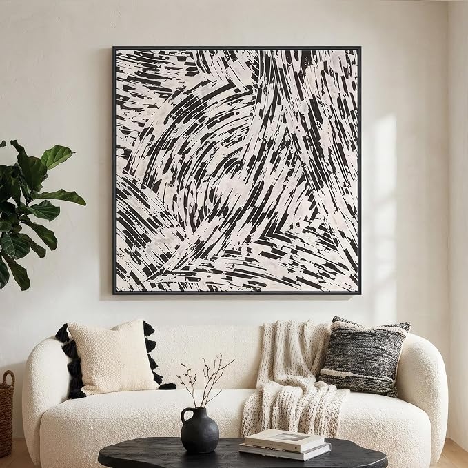 Large Framed Black and White Abstract Wall Art for Living Room, Big Square Modern Canvas Prints Paintings, Minimalist Brushstroke Lines Pictures for Bedroom Dining Hallway Office Wall Decor 40x40 In