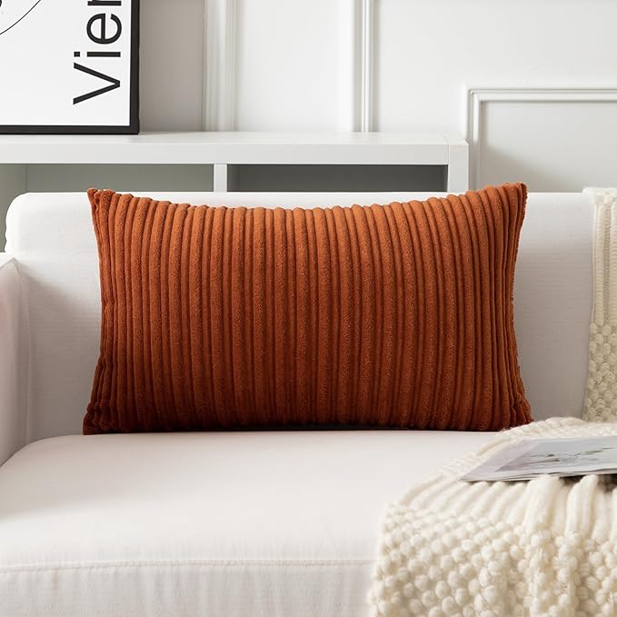 UGASA 14x20 Inch Pillow Cover Pack of 1 Soft Boho Stripe Corduroy Long Rectangle Lumbar Cushion Case Farmhouse Decorative Throw Pilowcase for Bed, Couch, Sofa, Bedroom, Living Room, Burnt Orange