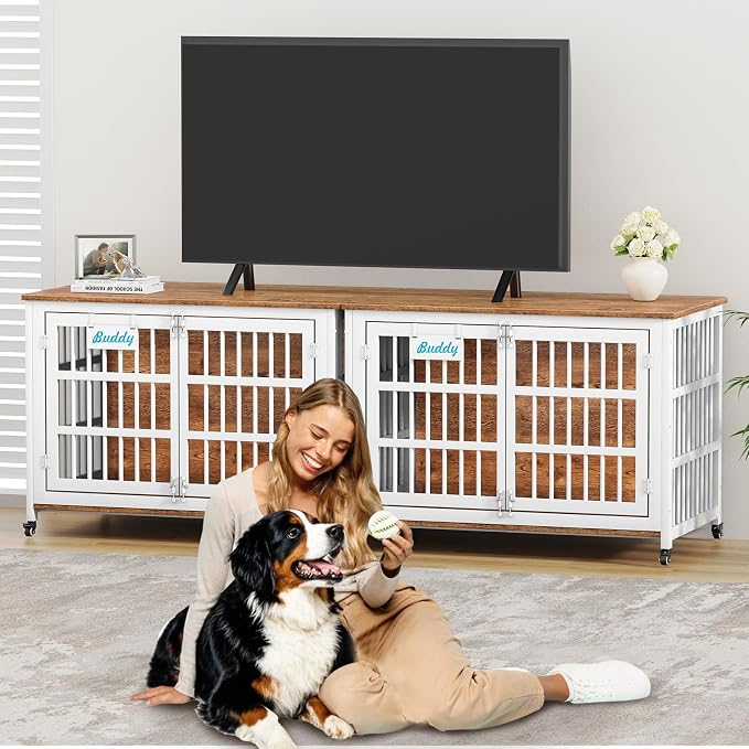 EasyCom 46"/42"/33" XXL Heavy Duty Dog Crate Furniture with Casters | Dog Kennel Indoor with Name Tag, Escape-Proof and Chew-Proof Dog Cage for Large High Anxiety Dog, as End Table