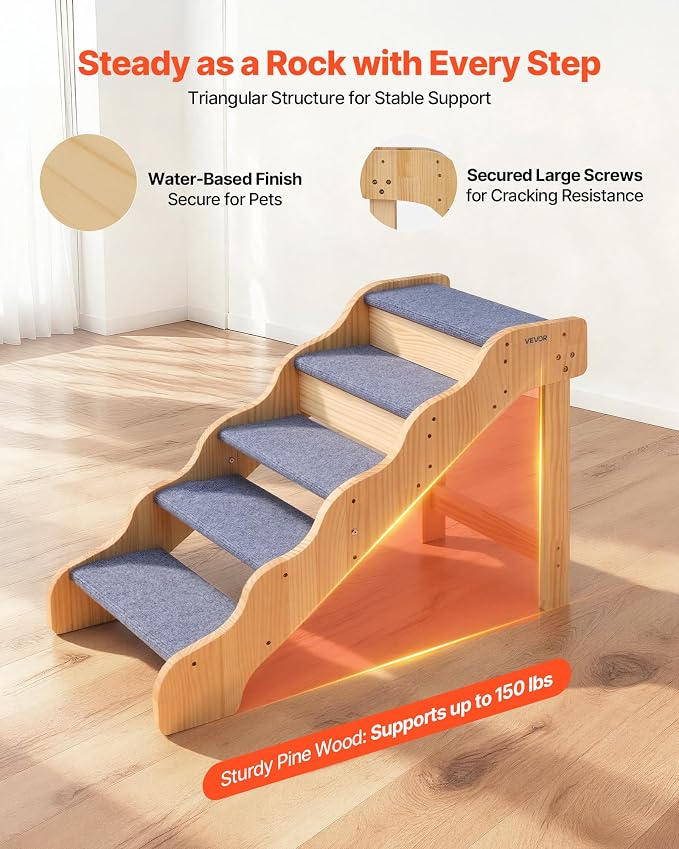 VEVOR Wood Pet Stairs, 5-Step Dog Stairs for High Beds, Sofa & Cars, 150lbs Load Capacity, Non-Slip Surface, Stable Cat & Dog Step Ladder for Small Medium Large Older Pet Puppy Essentials