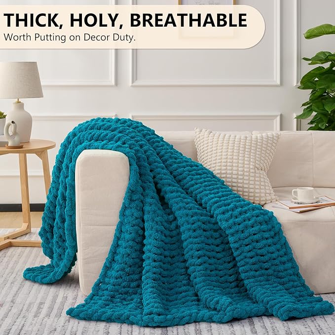 L'AGRATY Chunky Knit Throw Blanket for Couch, 50'' x 60'' Knit Throw, Teal | Handmade Chenille Crochet Blanket for Sofa Bed, Thick Cable Knitted Blankets for Room Home Decor, Birthday Gift for Women Mom