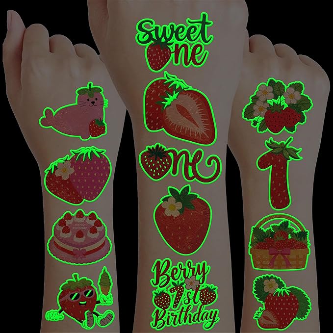 96 PCS Strawberry Berry Pre-Cut Luminous Glow in The Dark Temporary Tattoos for Kids | Super Cute 1st Themed Birthday Party Favors, Supplies, Decorations, Fake Tattoo Stickers Gifts for Boys Girls
