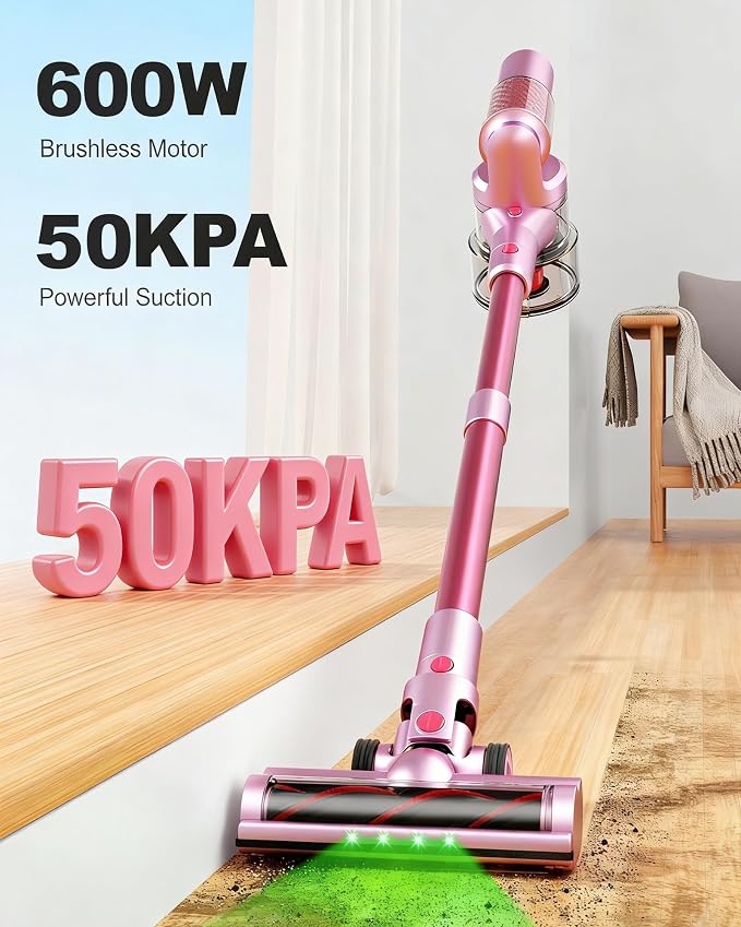 Pink Cordless Stick Vacuum Cleaner, 50Kpa/600W/60 Mins for Home/Pet Hair | Self-Standing and Touch Screen, Anti-Tangle Wireless Vacumm for Carpets/Floors