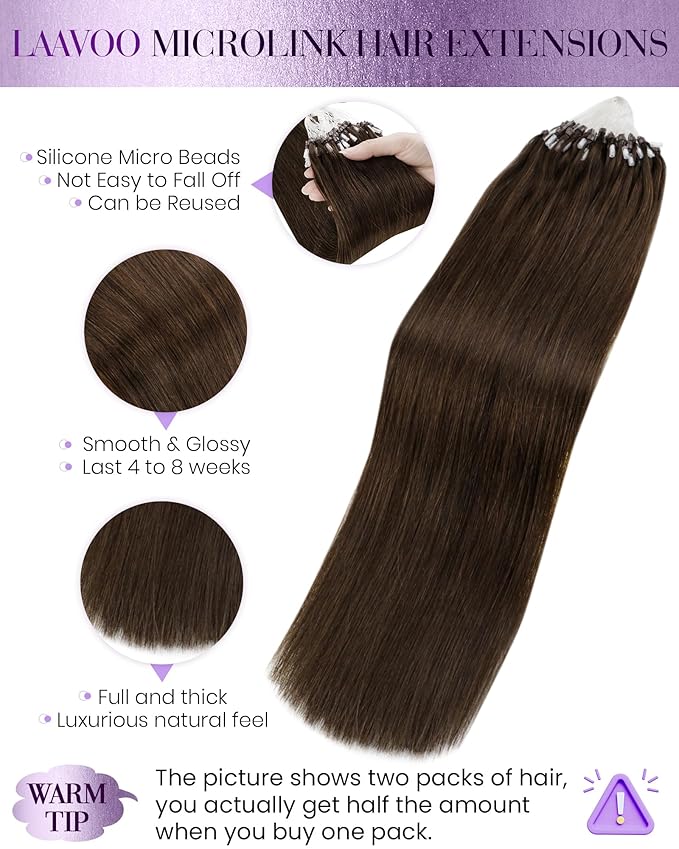 LaaVoo Micro Ring Hair Extensions Human Hair Brown Micro Extensions Human Hair Dark Brown Micro Loop Hair Extension Real Human Hair Brown Straight 50s 50g 20in