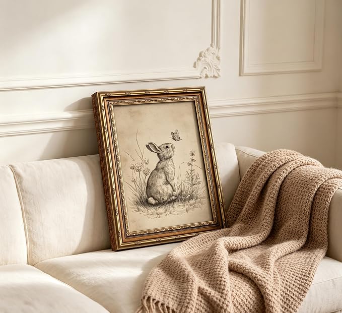 Vintage Gold Framed Bunny Easter Wall Art Rabbit and Butterfly Painting Canvas Prints Country Botanical Wildflowers Sketch Picture Rustic Farmhouse Poster Artwork for Living Room Bedroom Bathroom