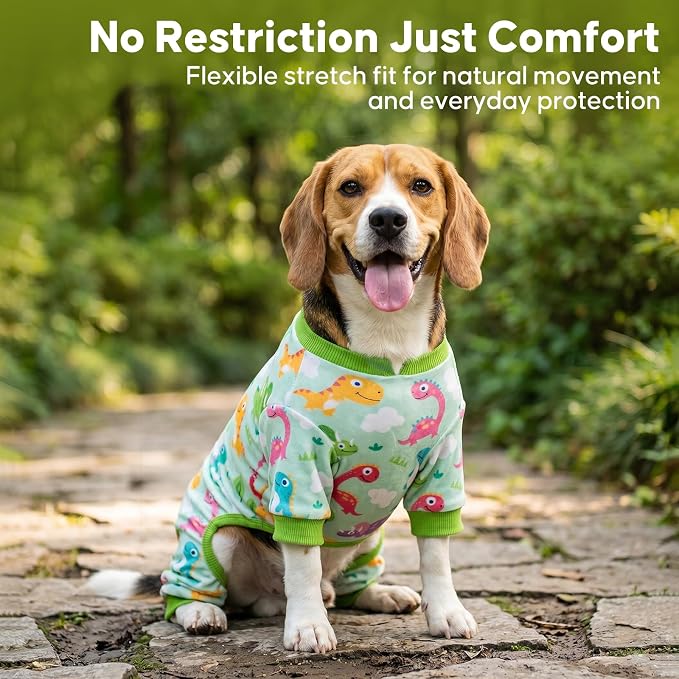 KYEESE Velvet Dog Pajamas for Small Medium Dogs Soft Onesie, Dinosaursk | 4-Way Stretch, Lightweight & Breathable, Reduces Shedding, Gentle on Sensitive Skin, Recovery Support, Easy Potty Breaks