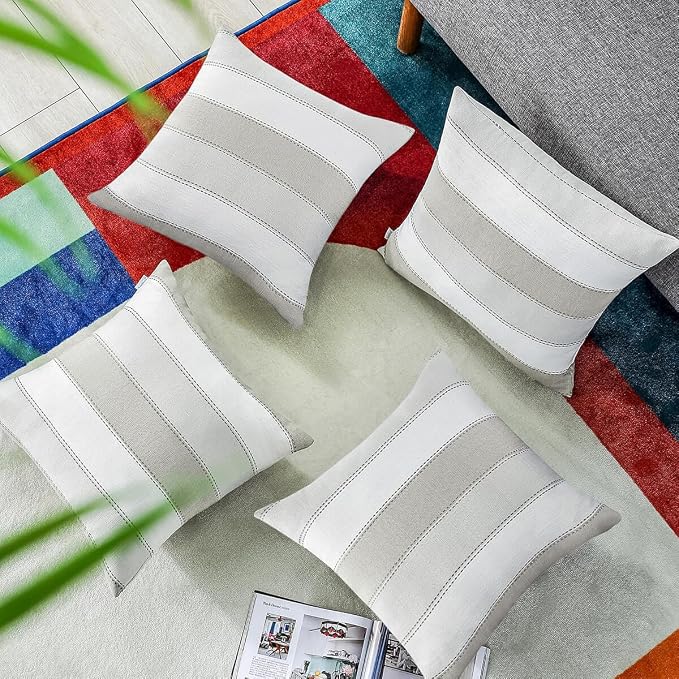 Pack of 2 Farmhouse Stripe Check Throw Pillow Covers Set Case Cotton Linen Decorative Pillowcases Cushion Cover for Couch Bench Sofa 22x22Inch Light Grey Beige