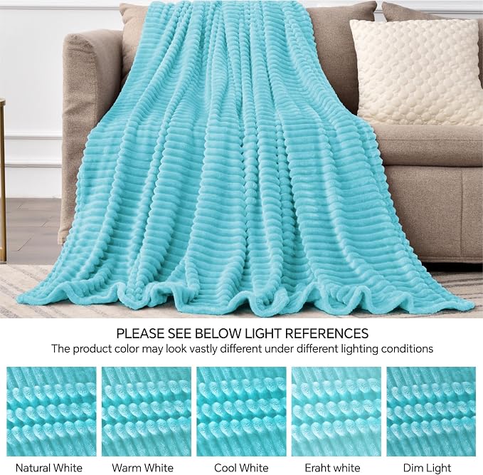 BEDELITE Ribbed Jacquard Light Blue Fleece Twin Blanket for Bed, 60x80 Inch | Soft Warm Decorative Fluffy Blanket, Cozy Plush Lightweight Fuzzy Throw Blanket for Couch Sofa Room Decor, Gift for Women