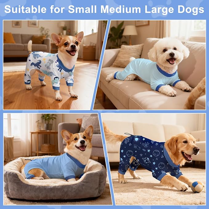 Bienbee Dog Pajamas, 4 Pack Adjustable Onesies for Small to Large Dogs M | Dog Shedding Suit with Soft Fabric, Breathable & Stretchy, and Adjustable Back Length for Sleeping Lounging and Daily Use