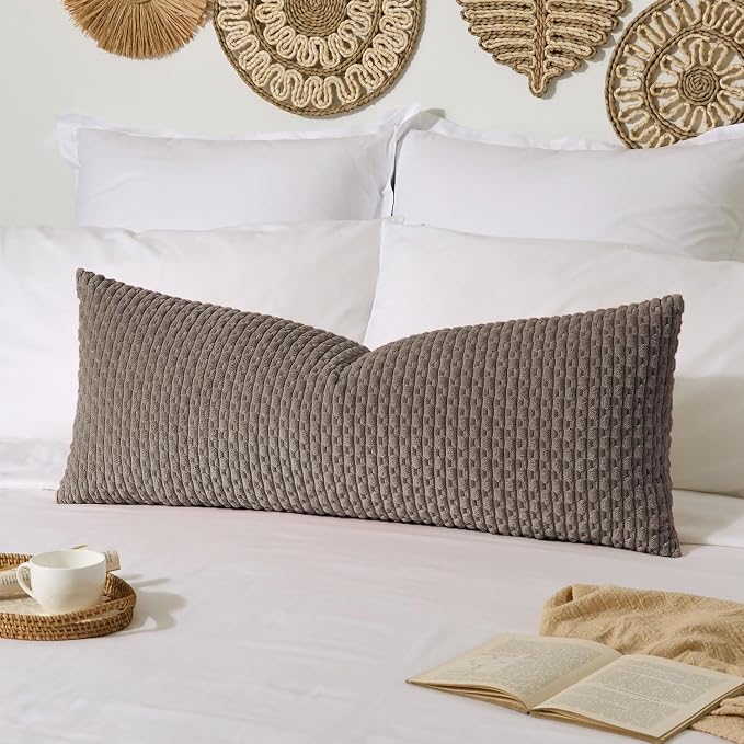 Kevin Textile Soft Corduroy 14"x36" Lumbar Pillow Cover 1 Pack, Light Brown | Boho Stripe Plush Corduroy Decorative Oblong Cushion Cover Modern Farmhouse Home Decor for Sofa Couch Bed Chair