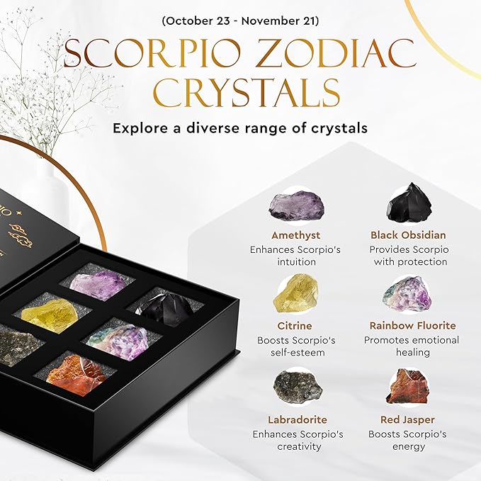 Wyspell Scorpio Crystal Set - 6 Raw Scorpio Crystals and Healing Stones - Scorpio Gifts for Women - Birthday Gifts for Women - Astrology Gifts for Women - Zodiac Crystal Set - Healing Gifts