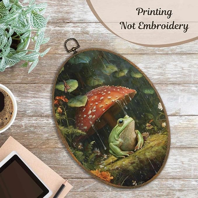 LKETW Dark Cottagecore Frog Mushroom Oval Wall Art Decor, Vintage Whimsical Oval Canvas Hanging Decor, Moody Botanical Frog Mushroom Wall Decorations for Home Bedroom Living Room, 8.6x11.4 Inch