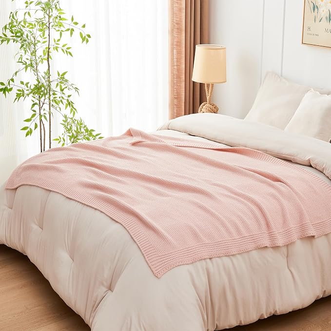 CozeCube Pink Seed Stitch Throw Blanket 50"x60", Farmhouse Decor | Blanket for Couch, Soft Cozy Cable Knit Throw for Bed Sofa Living Room, Lightweight Warm Decorative Christmas Blanket