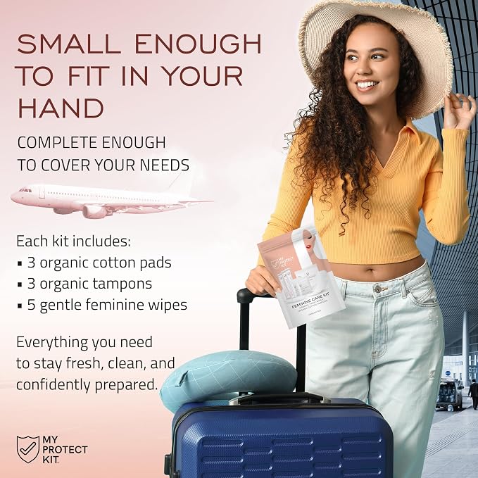 MY PROTECT KIT Feminine Care Kit - 11 Pieces First Period Kit, Compact Hygiene Set for Women, Essentials with Organic Cotton Tampons, Organic Pads & Wipes, Pack of 1
