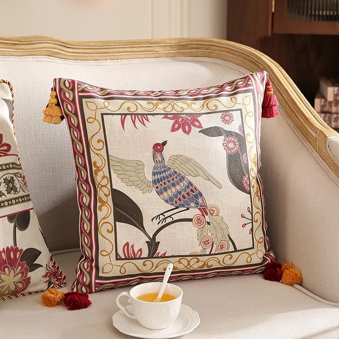 patdrea Vintage Linen Throw Pillow Cover,18"x18",Set of 2-Schumacher C | Elegant Decorative Pillow Case,Bird Pattern with Tassel Pendant,Cushion Coverfor Couch Living Room Bedroom Sofa