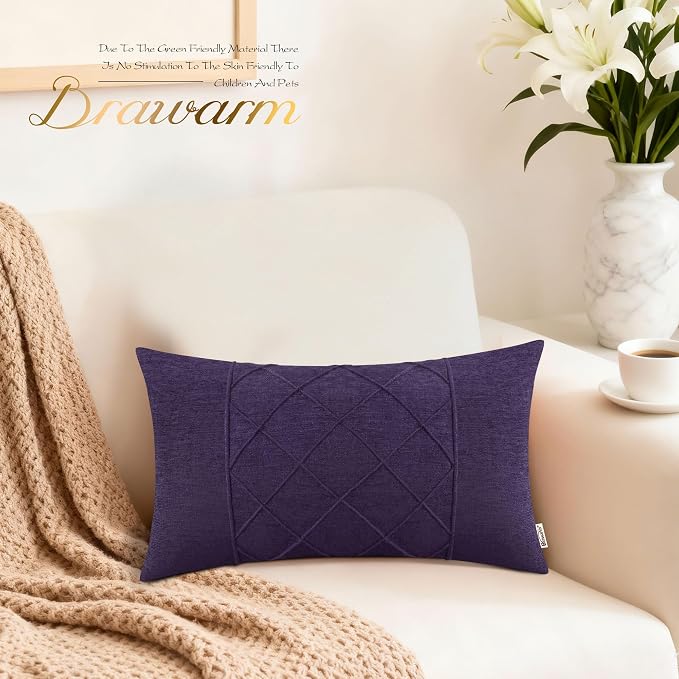 BRAWARM Chenille Throw Pillow Covers 12x20 Inches, Purple, 2 Pack | Decorative Lumbar Pleated Pillow Covers, Soft Cushion Cases for Sofa Bed Living Room Home Farmhouse (No Insert)