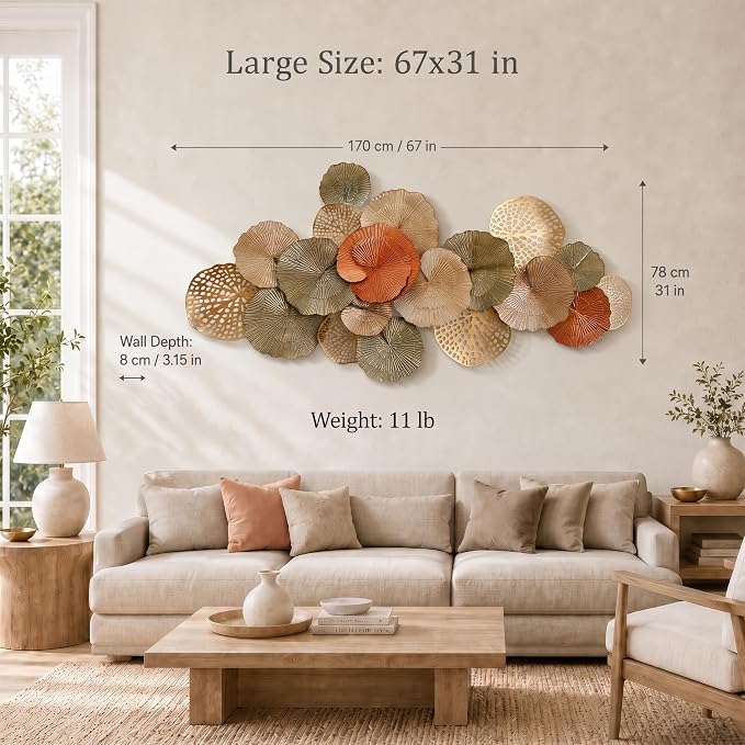 Axioglo 67" Large Wall Decor 3D Lotus Leaf Metal Wall Art for Living Room | 67" x 25" metal wall decor with layered metal texture, mounting hardware, two-way display