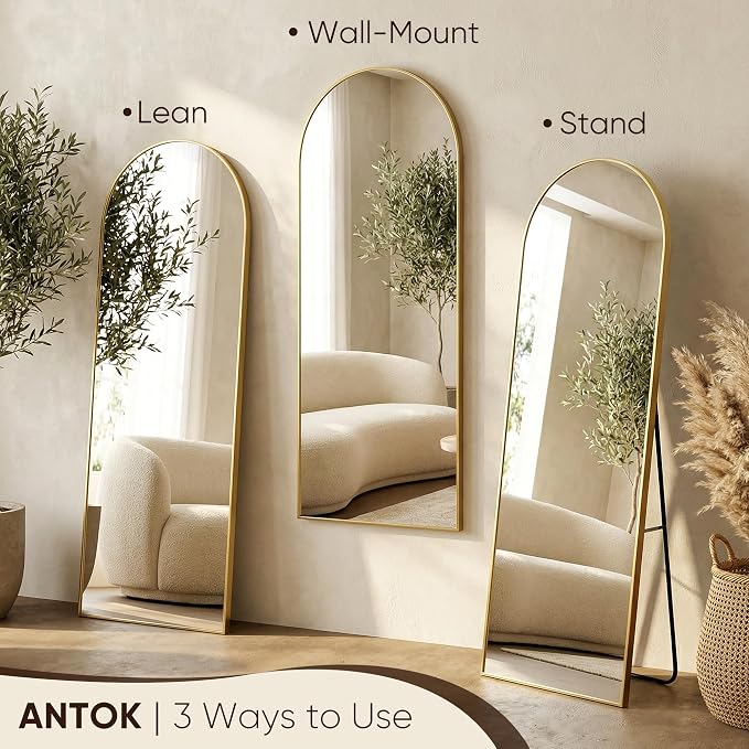 Antok 78" x38” Arched Full Length Floor Mirror, Gold Aluminum Frame, Free Standing/Wall Mount/Leaning for Bedroom, Living Room, Dressing Room
