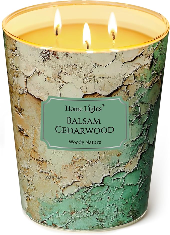 HomeLights Balsam Cedarwood Scented Candles | 34oz Soy Candles Industrial Chic 3-Wick Large Candle Jars | Ideal Candle Gifts for Events, Home Decor Stress, Relief & Relaxation