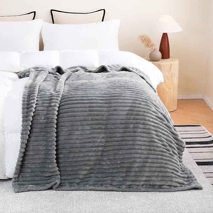 Grey Fleece Throw Blanket 60”×80” for Couch Sofa Livingroom | Super Soft Cozy Plush Microfiber Flannel Bed Blanket Striped Design Lightweight Home Decor Gifts for Adults Mom Women