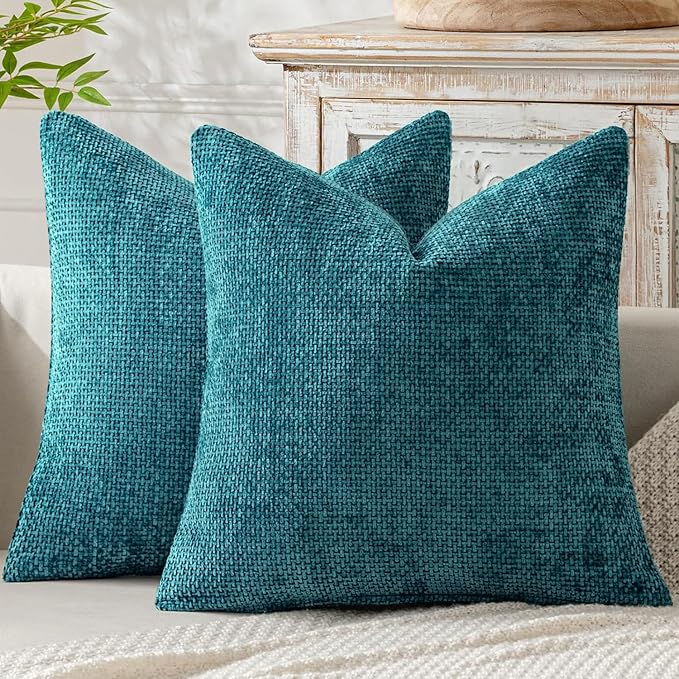 MIULEE Decorative Couch Throw Pillow Covers 18x18 Inch Coastal Teal 2 Pack | Coastal Modern Boho Accent, Soft Chenille Pillow Covers, Farmhouse Cushion Cases for Home Decor Bed Sofa Living Room