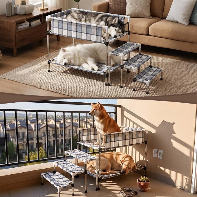 Bedside Dog Bunk Bed with Guardrail & Stairs, Elevated Double Pet beds | Window Perch Sleeper Raised Cosleeper 2 layers Double Stainless Steel Removable Small Medium Large Multiple