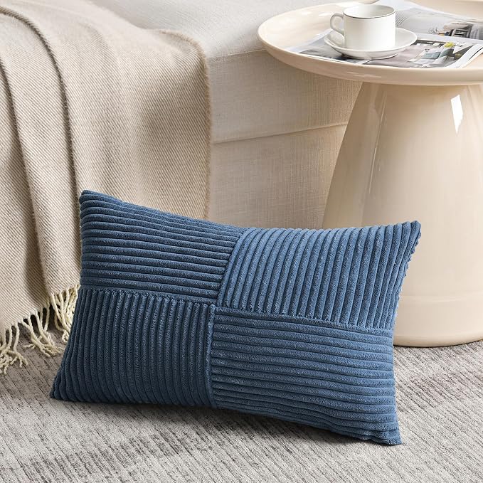 Fancy Homi Set of 1 Dusty Blue Long Lumbar Decorative Throw Pillow Covers 12x24 Inch for Couch Bed Sofa, Rustic Farmhouse Boho Home Decor, Soft Striped Corduroy Rectangle Accent Cushion Case 30x60 cm