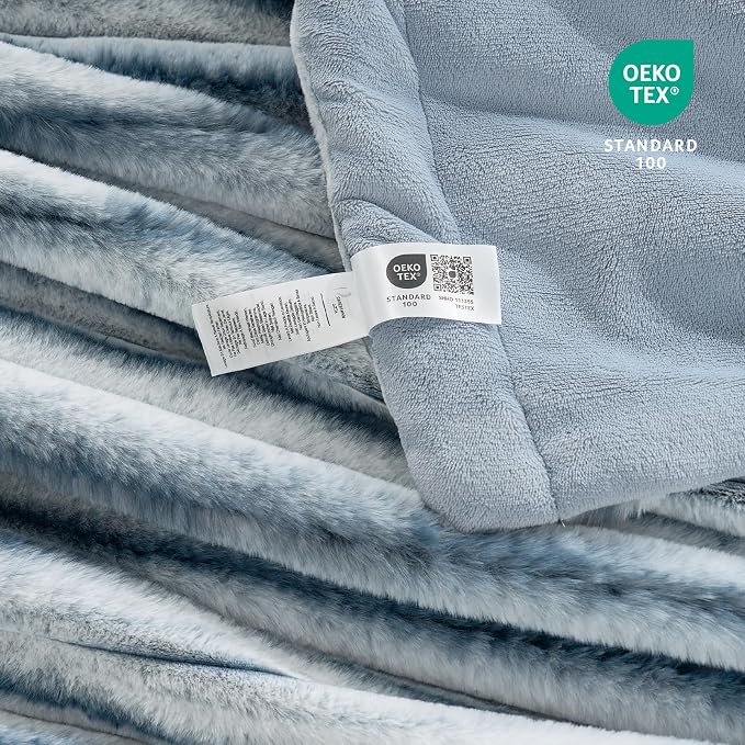 Cozy Bliss Faux Fur Throw Blanket for Couch, Cozy Warm Plush Striped Blanket for Sofa Bedroom Living Room, 60 * 80 Inches Blue