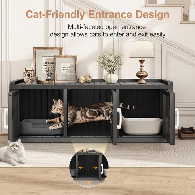 KAMABOKO Hidden Cat Litter Box Enclosure Furniture with 3 Doors & Multiple Windows, Waterproof PP Modern Litter Box Cabinet for Large Cats, Easy-to-Clean Cat Furniture for Living Room