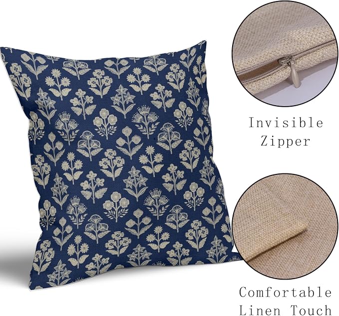 Dark Blue Floral Block Print Pillow Covers 18x18 Inch Set of 2, Vintage Flower Pattern Decorative Throw Pillowcases Outdoor Farmhouse Cushion Covers Spring Summer Rustic Sofa Couch Bed Decor