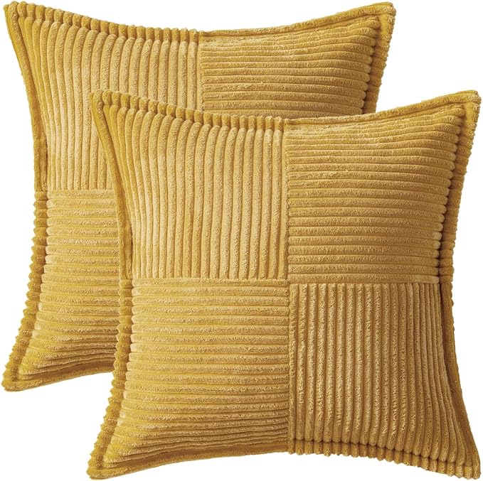 MIULEE Decorative Throw Pillow Covers for Couch 18x18 Inch Gold 2 Pack | Boho Broadside Striped Patchwork Pillow Covers, Soft Corduroy Cushion Cases, For Sofa Bed Livingroom Home Decor