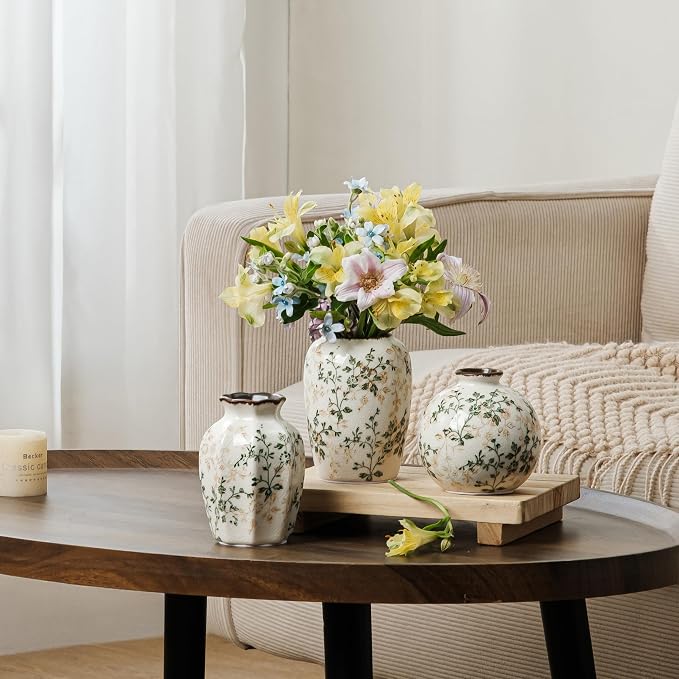 Ceramic Flower Small Vase for Home Decor, Vintage Green Vase Set of 3 | Rustic Farmhouse Floral Vase for Mantel, Coffee Table, Living Room, Kitchen, Bookshelf, Entryway, Wedding Centerpiece