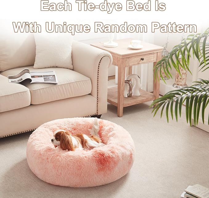 30 in Faux Fur Fluffy Donut Dog Bed for Medium Dogs,Tie-dye Pink | Calming Plush Round Pet Bed with Removable & Washable Cover,Fits up to 45 lbs Pets