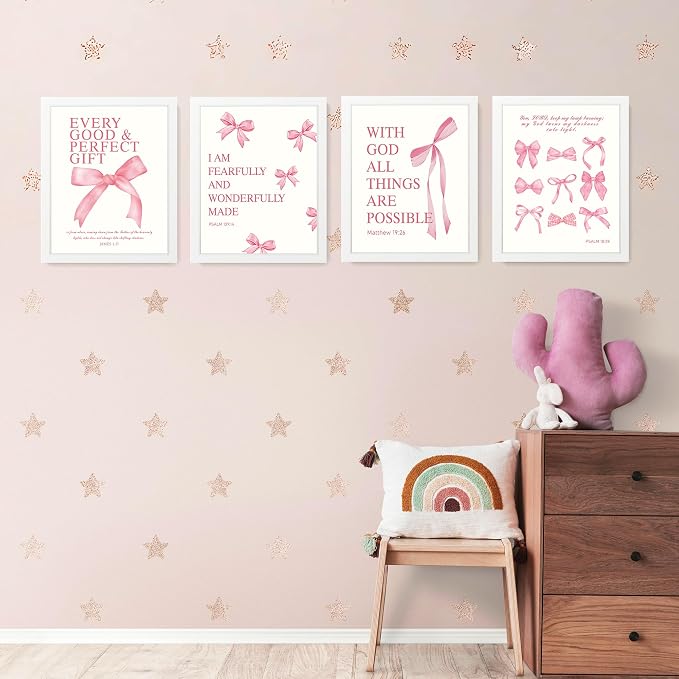 LARTSFRO Coquette Pink Bow Wall Art Decor Posters, Pink Bow Room Bedroom Bathroom Dorm Wall Art Decor Aesthetic for College Teen Girls Gifts, Inspirational Bible Verses Bow Wall Decor, 10x8 Inch Set of 4 Pcs Bow Pictures (WHITE FRAMED)