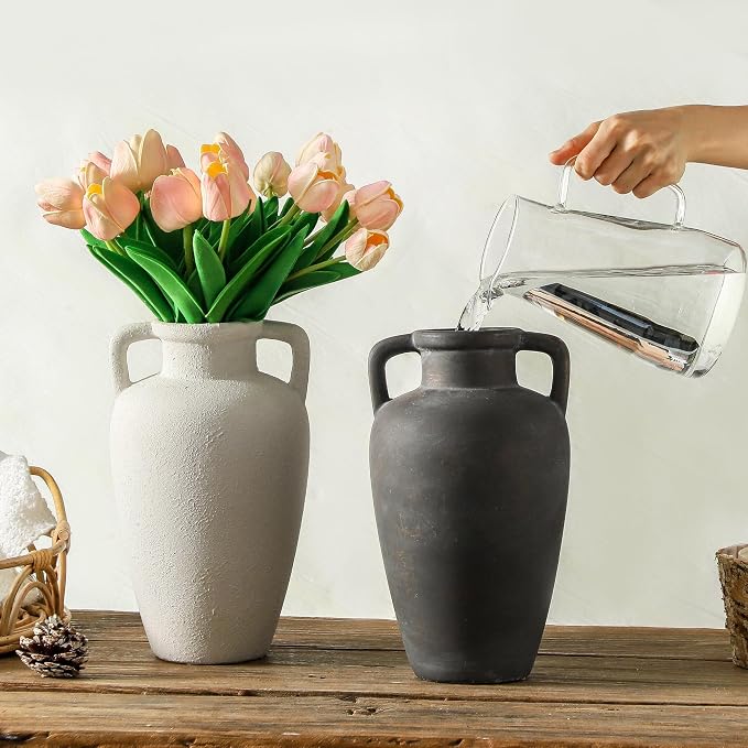 Ceramic Flower Vase, 11.41 Inch Tall Rustic Vase with 2 Handles | Farmhouse Vase Adds Rustic Charm to Living Room, Shelf, Table, and Office Decor, Perfect for Home Styling and Gifts