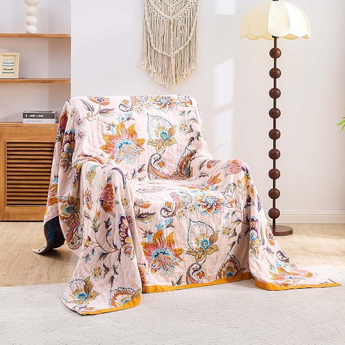 XIBLC Boho Throw Blanket for Bed, 100% Cotton Soft Rustic Quilt Fall Blanket, 80"x90" Floral Printed Farmhouse Decor Bed Blankets, All Season Rustic Reversible Bohemian Throw Quilt