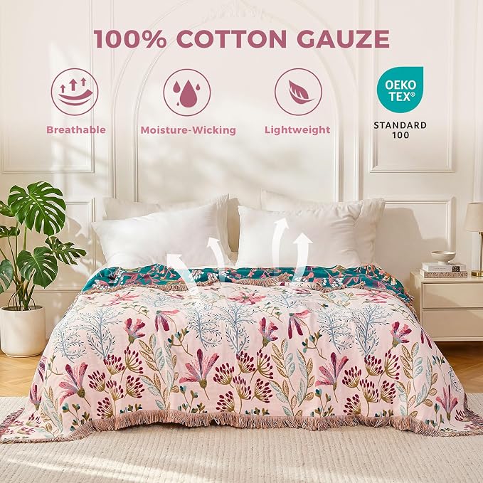 LUTBM Boho Throw Blanket for Couch 50"x60", Cotton Decorative Bed Throw | Reversible Floral Jacquard, All-Season Muslin Blanket, For Chair Sofa Bedroom Living Room Decor, Lightweight Breathable Gauze