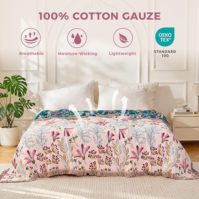LUTBM Boho Throw Blanket for Bed 60"x80", All Season Cotton Couch Blankets | Reversible Floral Jacquard, Muslin Gauze Twin Quilt, For Chair Sofa Bedroom Living Room, Lightweight & Breathable, Home Decor