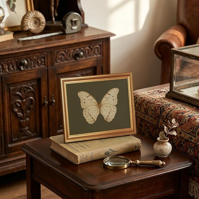JLTULT Gold Framed Butterfly Wall Art, Dark Green Canvas, 8 x 10 Inches | Ivory butterfly art on fade-resistant dark green canvas with a ready-to-hang gold-tone PS frame for bedrooms and offices