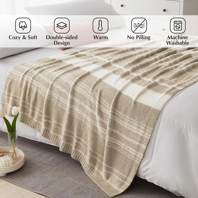 Soft Throw Blanket for Couch-Cozy Reversible Knitted Blankets | Lightweight Warm Fluffy Decor for Women, Mom, Her & Girls, Sofa, Chair, Bed, 50x70in,Khaki Stripe