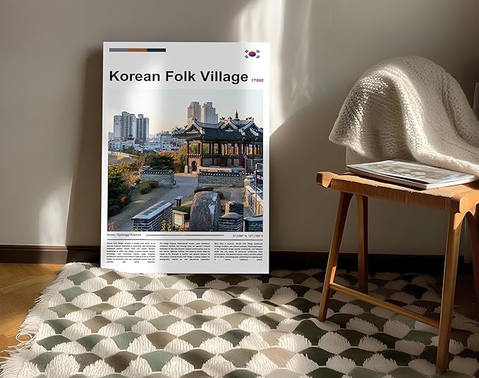Poster Korean Folk Village Wall Art Original Design(36"x24" Unframed) Joseon Dynasty Architecture Print South Korea Travel Landmark Gyeonggi Cultural Heritage Ancient Palace Zen Scenery Picture